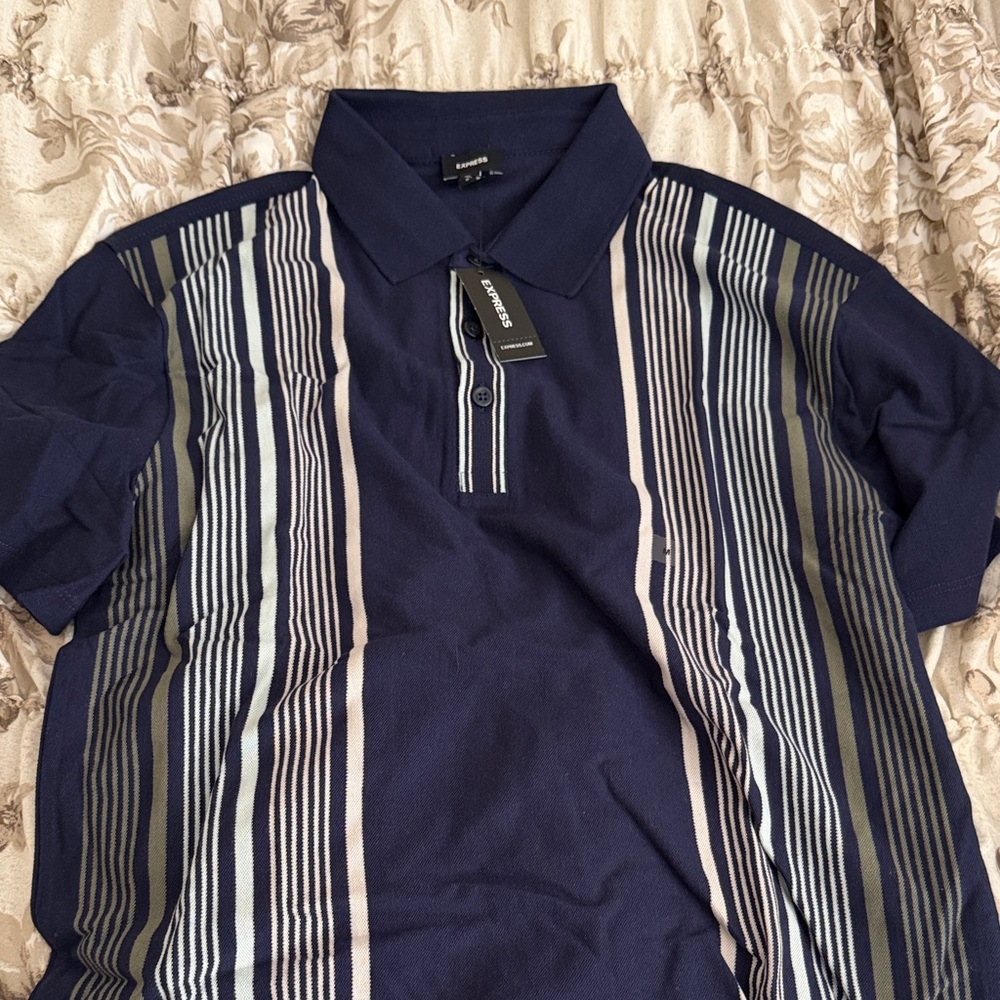 Express Navy and White Striped Polo